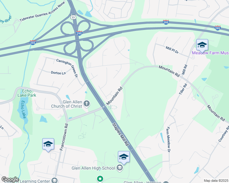 map of restaurants, bars, coffee shops, grocery stores, and more near 4105 Mountain Spring Terrace in Glen Allen