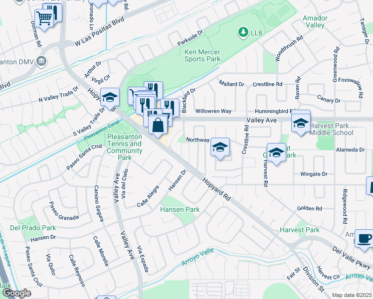map of restaurants, bars, coffee shops, grocery stores, and more near 2460 Heatherlark Circle in Pleasanton
