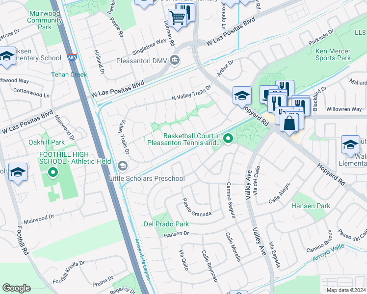 map of restaurants, bars, coffee shops, grocery stores, and more near 7181 Valley Trails Drive in Pleasanton