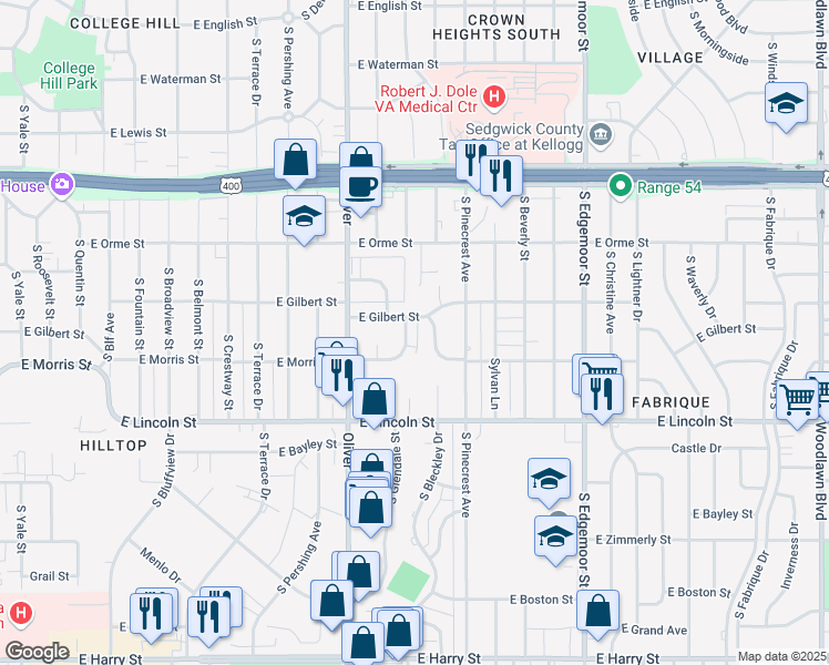 map of restaurants, bars, coffee shops, grocery stores, and more near 4943 East Morris Street in Wichita