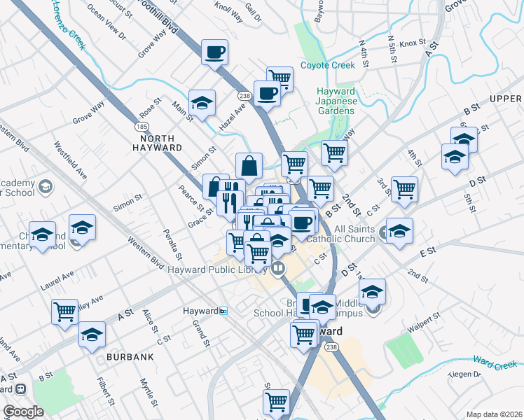 map of restaurants, bars, coffee shops, grocery stores, and more near 22425 Main Street in Hayward