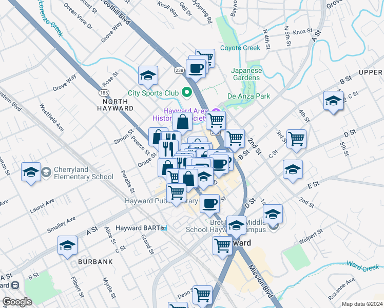 map of restaurants, bars, coffee shops, grocery stores, and more near 22425 Main Street in Hayward