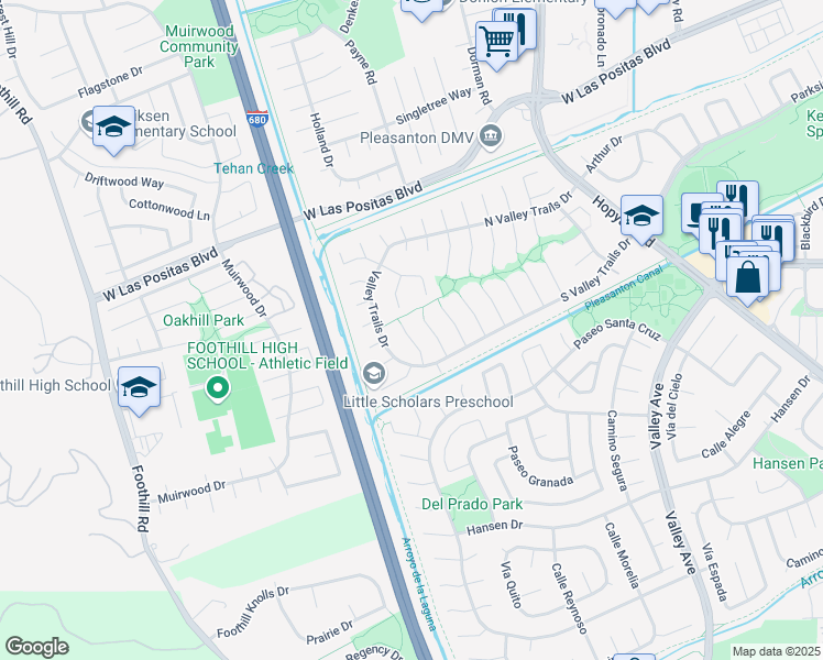 map of restaurants, bars, coffee shops, grocery stores, and more near 3669 Virgin Islands Court in Pleasanton