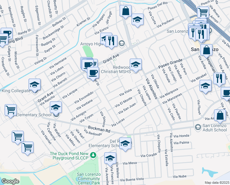 map of restaurants, bars, coffee shops, grocery stores, and more near 1374 Vía La Paloma in San Lorenzo