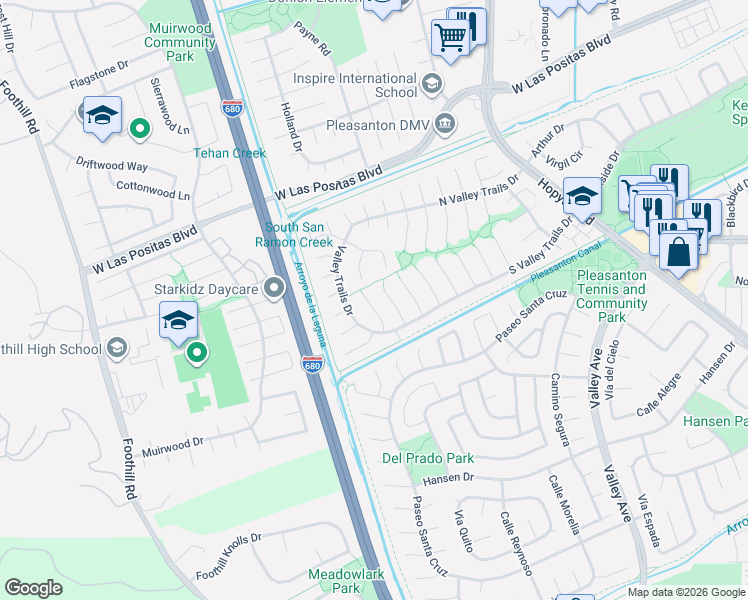 map of restaurants, bars, coffee shops, grocery stores, and more near 3669 Virgin Islands Court in Pleasanton