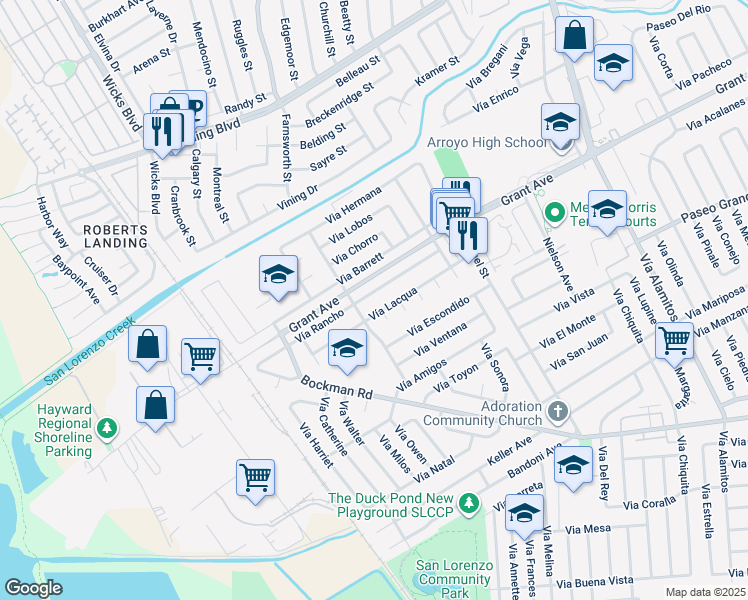 map of restaurants, bars, coffee shops, grocery stores, and more near 1756 Vía Rancho in San Lorenzo