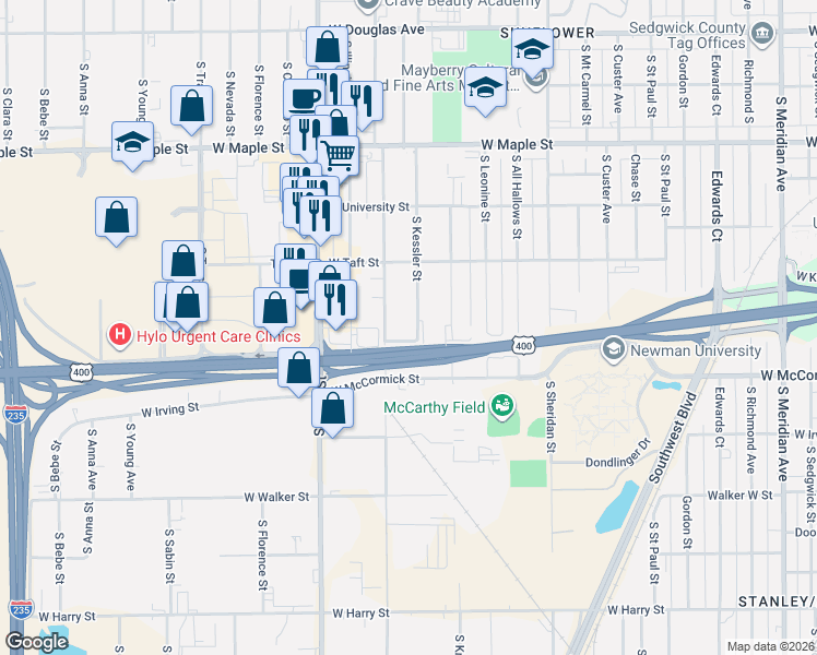 map of restaurants, bars, coffee shops, grocery stores, and more near West Kellogg Drive in Wichita
