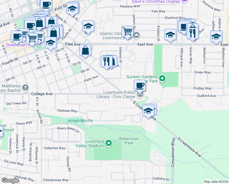 map of restaurants, bars, coffee shops, grocery stores, and more near 2828 College Avenue in Livermore