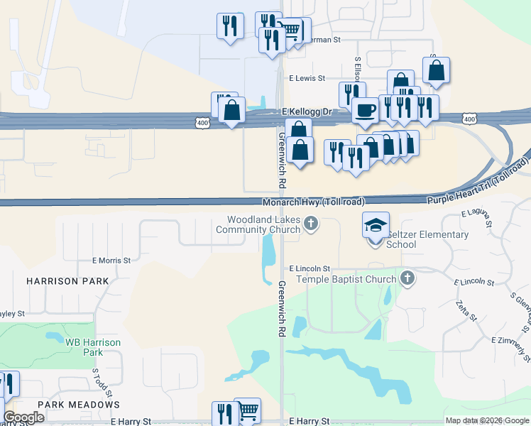 map of restaurants, bars, coffee shops, grocery stores, and more near 712 Deer Haven Court in Wichita