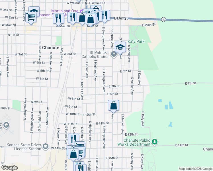 map of restaurants, bars, coffee shops, grocery stores, and more near 701-799 South Evergreen Avenue in Chanute