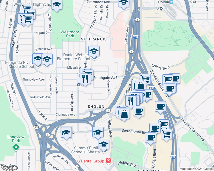 map of restaurants, bars, coffee shops, grocery stores, and more near 99 Escuela Drive in Daly City