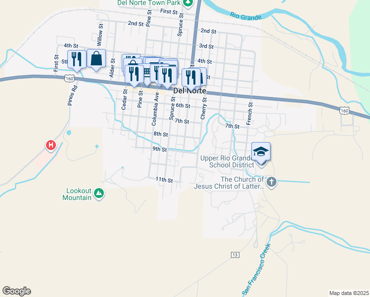 map of restaurants, bars, coffee shops, grocery stores, and more near 870 Oak Street in Del Norte