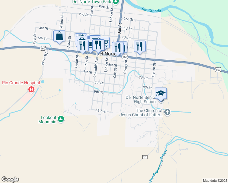 map of restaurants, bars, coffee shops, grocery stores, and more near 870 Oak Street in Del Norte