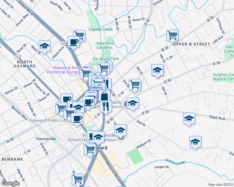 map of restaurants, bars, coffee shops, grocery stores, and more near 1172 C Street in Hayward