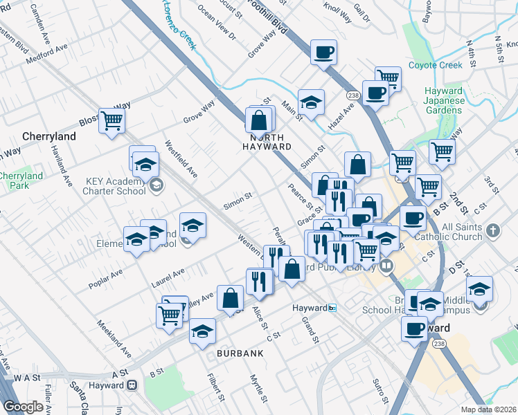 map of restaurants, bars, coffee shops, grocery stores, and more near 22263 Peralta Street in Hayward