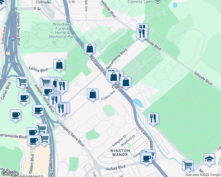 map of restaurants, bars, coffee shops, grocery stores, and more near 240 Collins Avenue in Colma