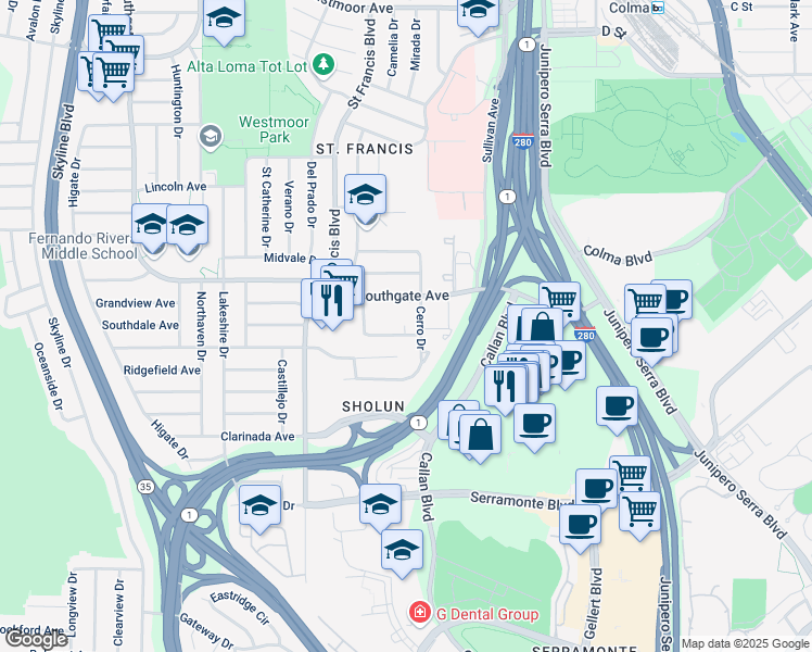 map of restaurants, bars, coffee shops, grocery stores, and more near 82 Belhaven Court in Daly City