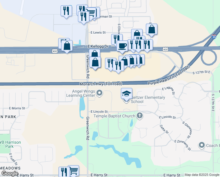 map of restaurants, bars, coffee shops, grocery stores, and more near 715 Bristol Circle in Wichita