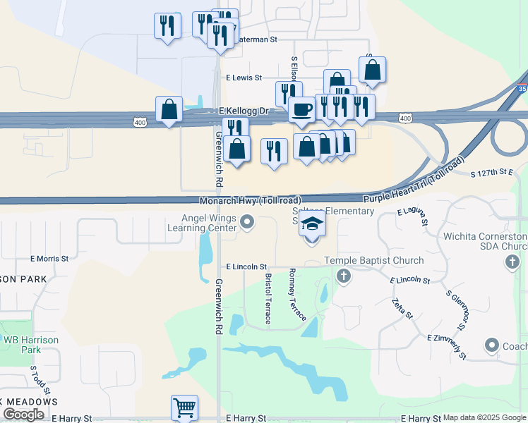 map of restaurants, bars, coffee shops, grocery stores, and more near 715 Bristol Circle in Wichita