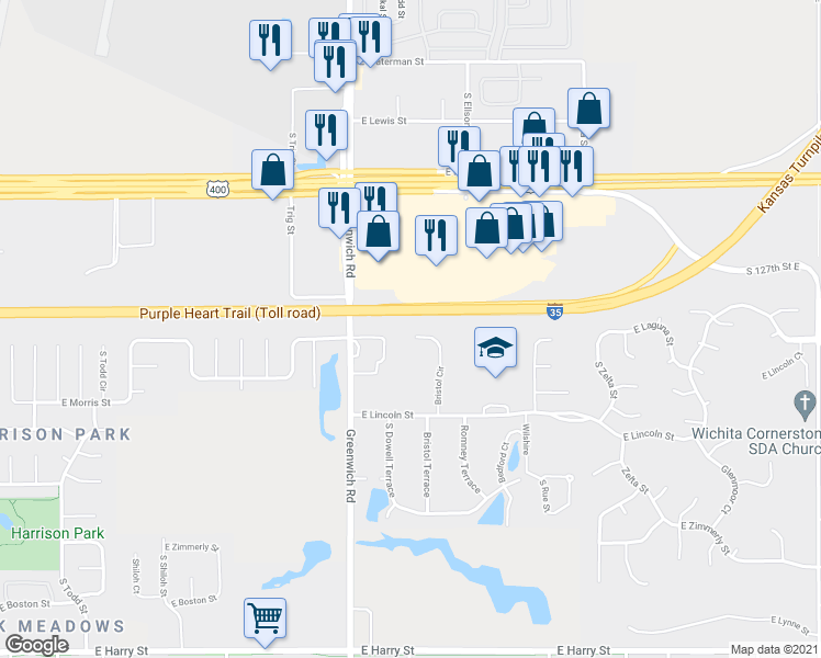 map of restaurants, bars, coffee shops, grocery stores, and more near 770 South Greenwich Road in Wichita