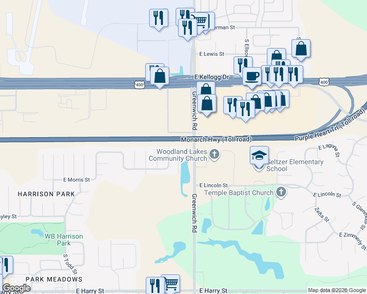 map of restaurants, bars, coffee shops, grocery stores, and more near 712 Deer Haven Court in Wichita