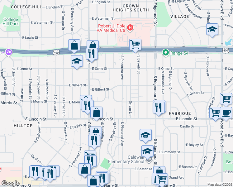 map of restaurants, bars, coffee shops, grocery stores, and more near 5054 East Morris Street in Wichita