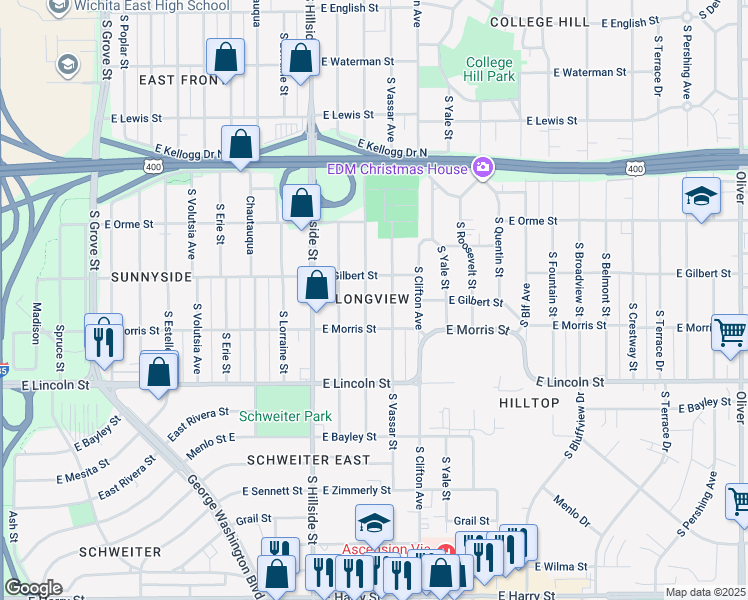 map of restaurants, bars, coffee shops, grocery stores, and more near in Wichita