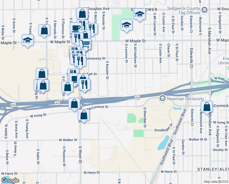 map of restaurants, bars, coffee shops, grocery stores, and more near 3600 Kellogg Drive in Wichita