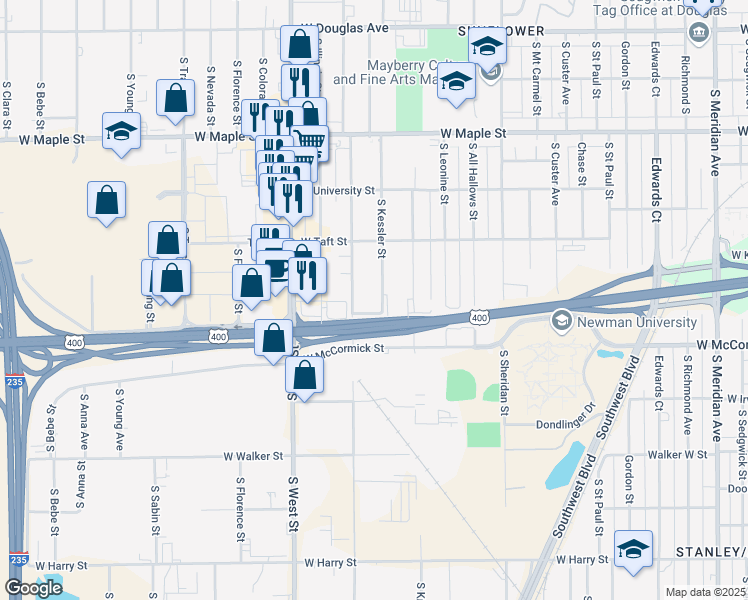 map of restaurants, bars, coffee shops, grocery stores, and more near West Kellogg Drive in Wichita
