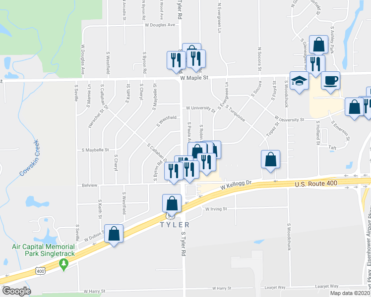 map of restaurants, bars, coffee shops, grocery stores, and more near 552 South Tyler Road in Wichita