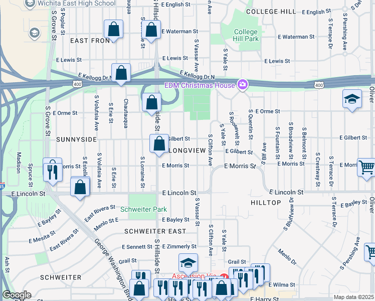 map of restaurants, bars, coffee shops, grocery stores, and more near in Wichita