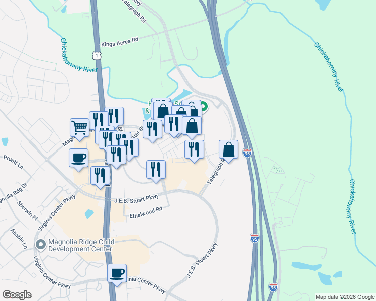 map of restaurants, bars, coffee shops, grocery stores, and more near 9450 Belladdie Way in Glen Allen