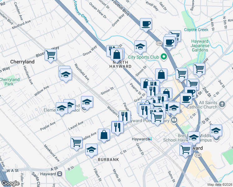 map of restaurants, bars, coffee shops, grocery stores, and more near 22263 Peralta Street in Hayward