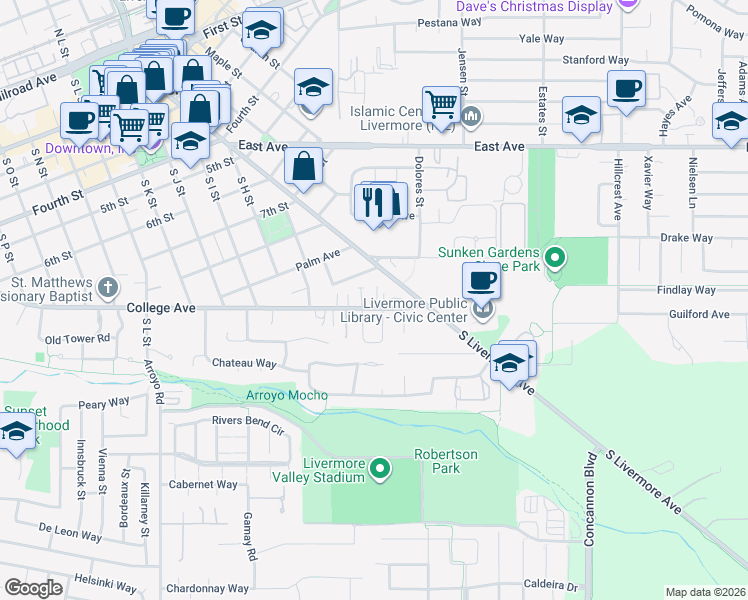 map of restaurants, bars, coffee shops, grocery stores, and more near 1117 Riesling Circle in Livermore