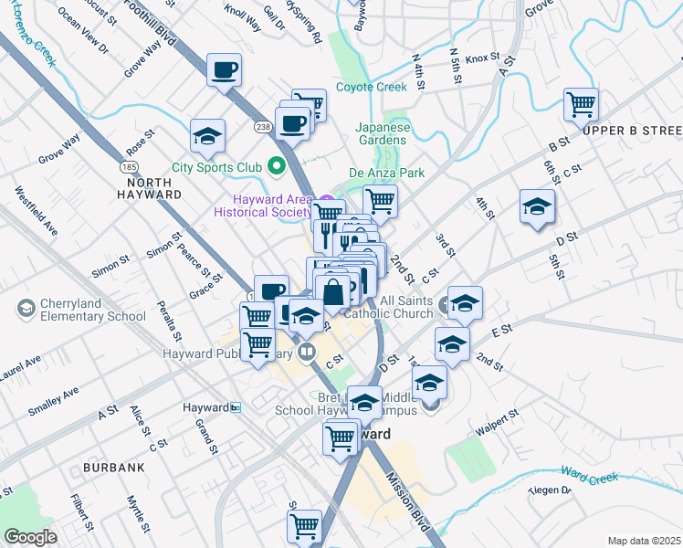 map of restaurants, bars, coffee shops, grocery stores, and more near 1068 B Street in Hayward