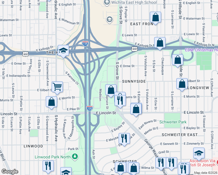 map of restaurants, bars, coffee shops, grocery stores, and more near 722 Spruce Street in Wichita