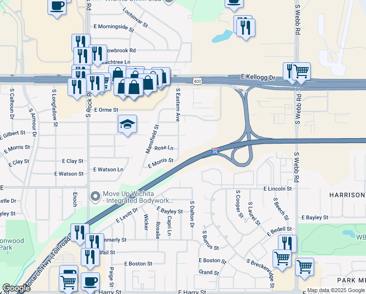 map of restaurants, bars, coffee shops, grocery stores, and more near 724 Eastern in Wichita