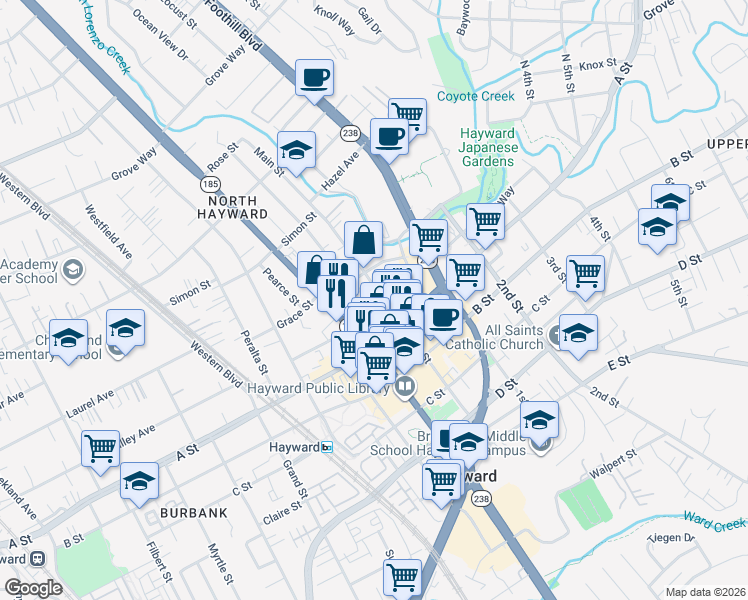 map of restaurants, bars, coffee shops, grocery stores, and more near 22369 Main Street in Hayward