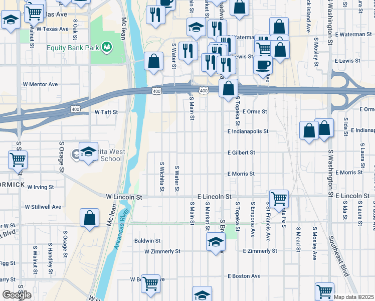 map of restaurants, bars, coffee shops, grocery stores, and more near 945 South Main Street in Wichita