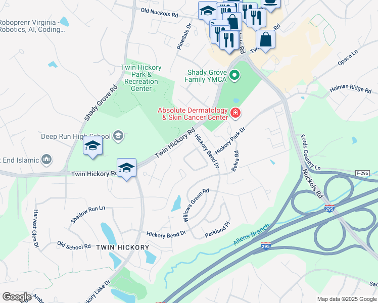 map of restaurants, bars, coffee shops, grocery stores, and more near 5128 Park Commons Loop in Glen Allen