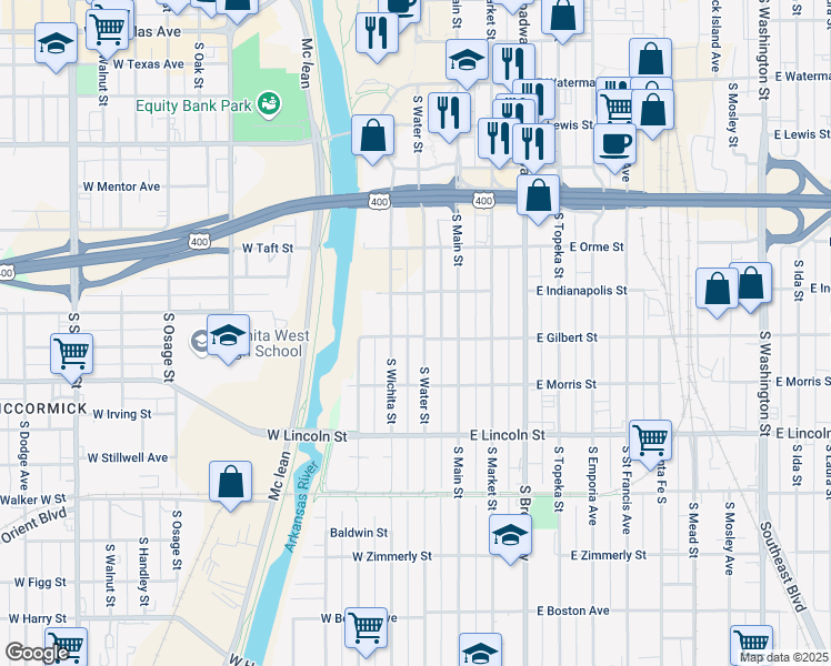 map of restaurants, bars, coffee shops, grocery stores, and more near 911 South Water Street in Wichita