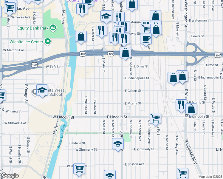 map of restaurants, bars, coffee shops, grocery stores, and more near 920 South Market Street in Wichita