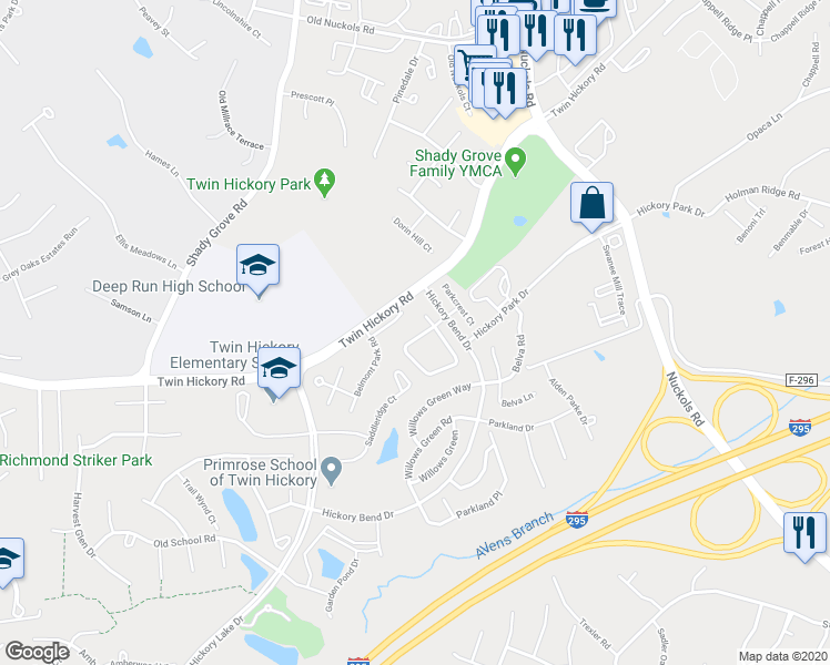 map of restaurants, bars, coffee shops, grocery stores, and more near 5128 Park Commons Loop in Glen Allen