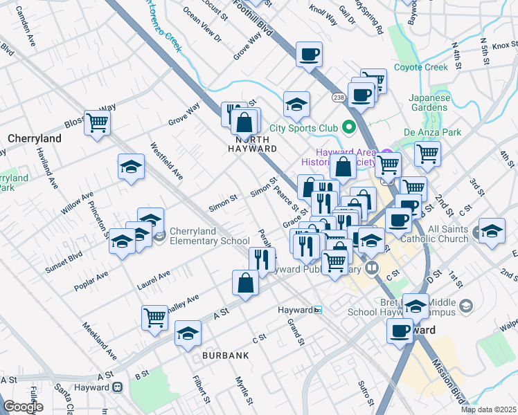 map of restaurants, bars, coffee shops, grocery stores, and more near 638 Simon Street in Hayward