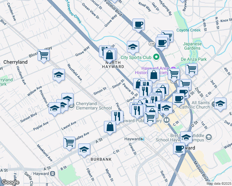 map of restaurants, bars, coffee shops, grocery stores, and more near 22244 Peralta Street in Hayward