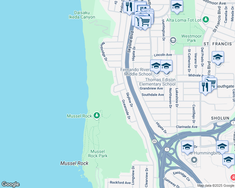 map of restaurants, bars, coffee shops, grocery stores, and more near 88 Menlo Avenue in Daly City