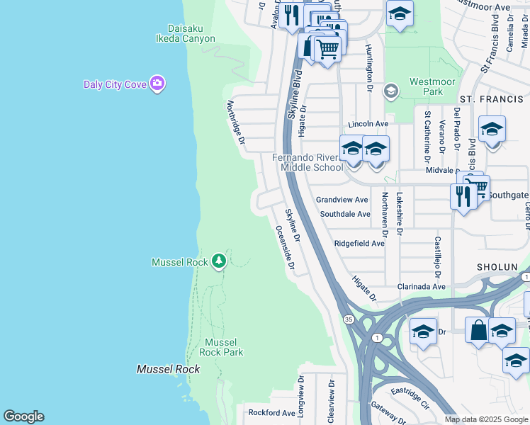 map of restaurants, bars, coffee shops, grocery stores, and more near 88 Menlo Avenue in Daly City