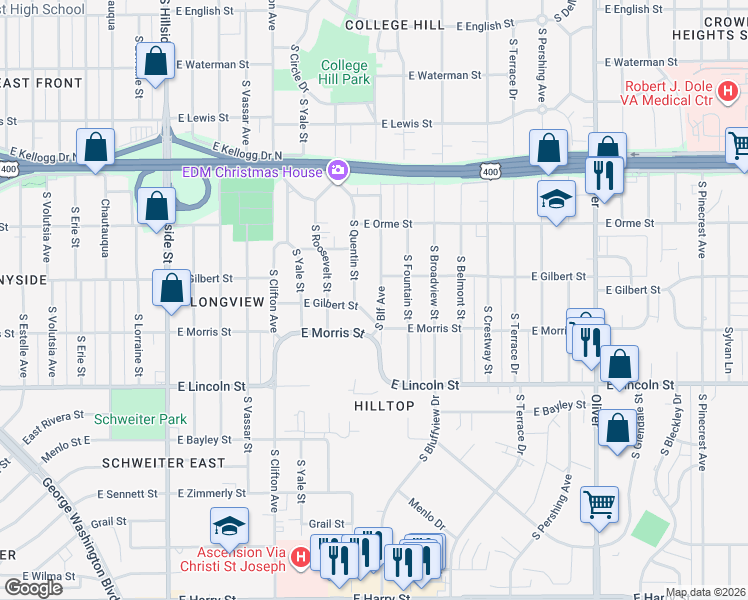 map of restaurants, bars, coffee shops, grocery stores, and more near 701 South Bluff Street in Wichita