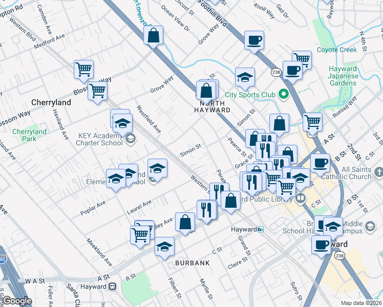 map of restaurants, bars, coffee shops, grocery stores, and more near 574 Simon Street in Hayward