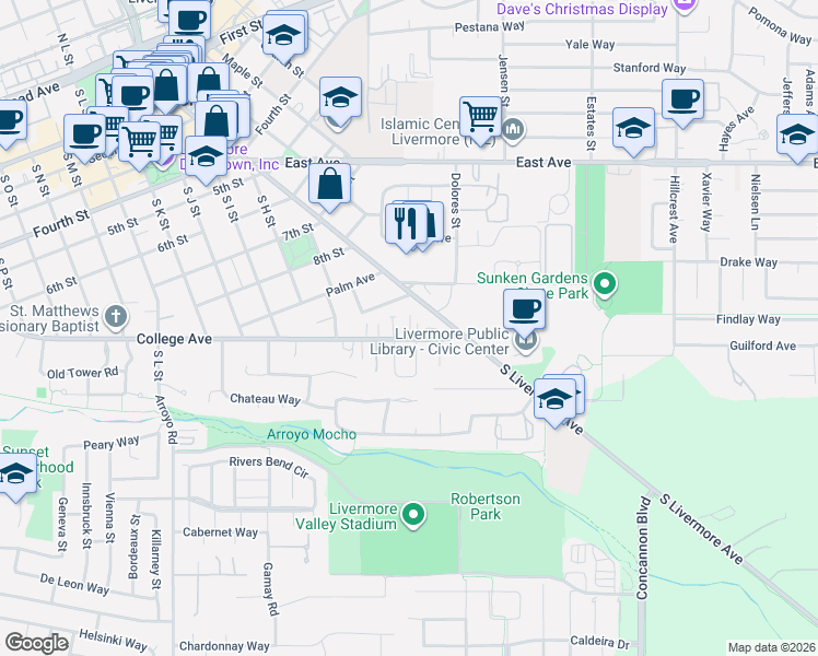 map of restaurants, bars, coffee shops, grocery stores, and more near 16 Carmen Avenue in Livermore